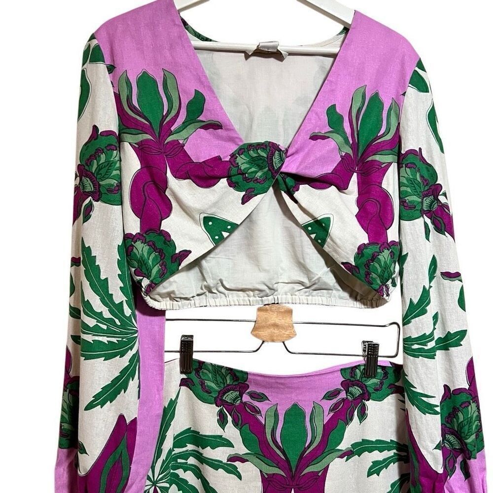 New Caroline Constas 2 Pc Set Skirt Top Long Sleeve Crop Top Tropical Floral Pat